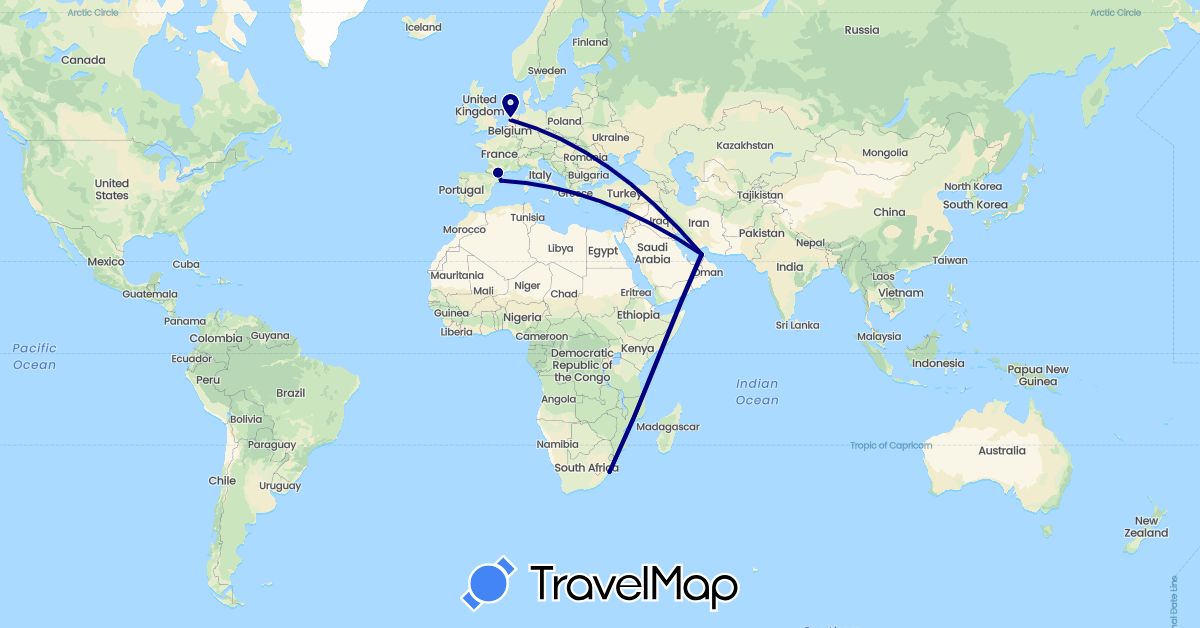TravelMap itinerary: driving in United Arab Emirates, Spain, France, Netherlands, South Africa (Africa, Asia, Europe)